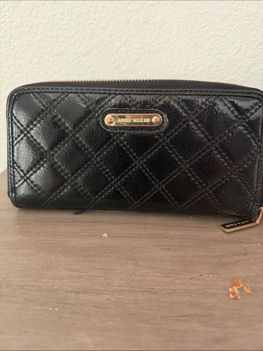 Anne Klein Black Quilted Patent Zip Wallet with Gold Plate